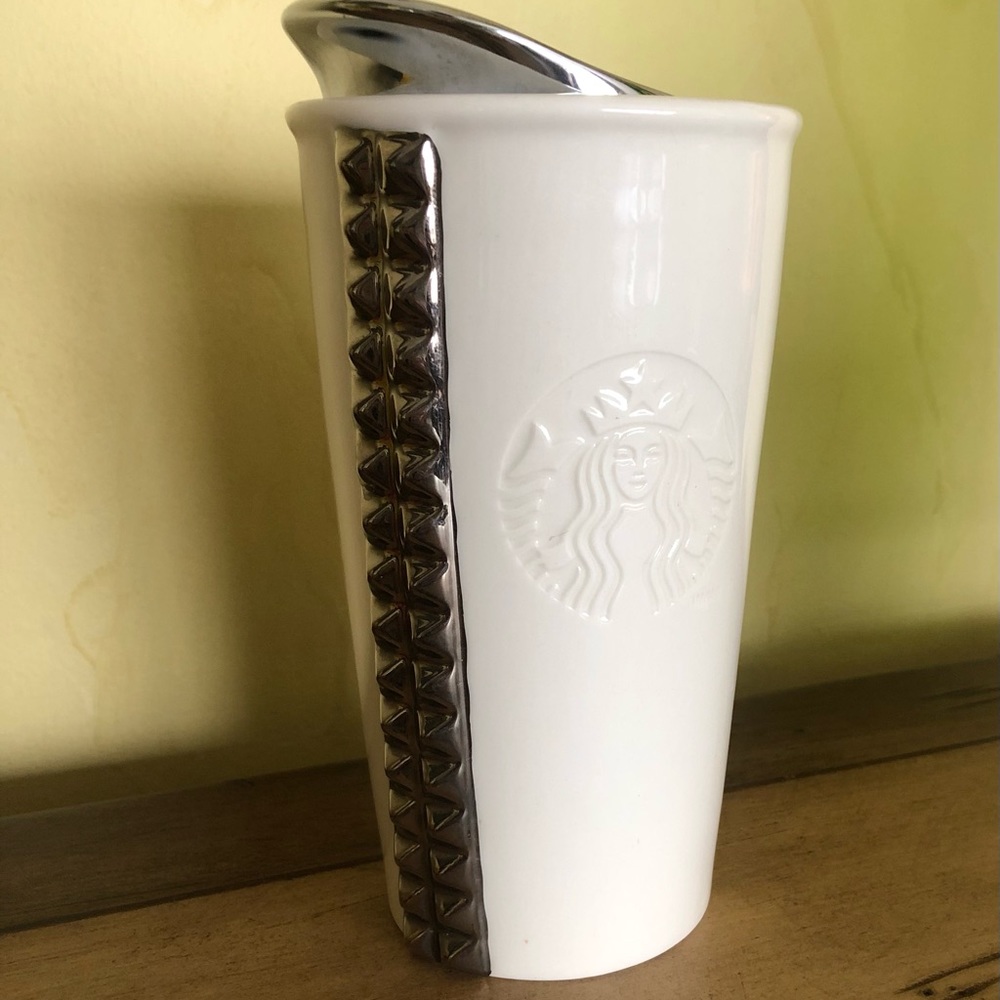 Starbucks white ceramic travel mug with lid